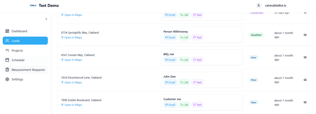 BidEngine lead tracking interface