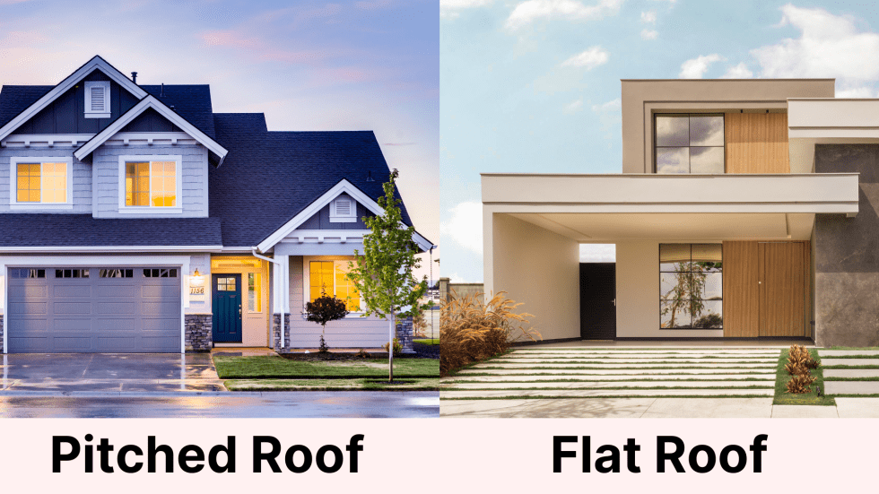 Side by side comparison of pitched roof and flat roof houses